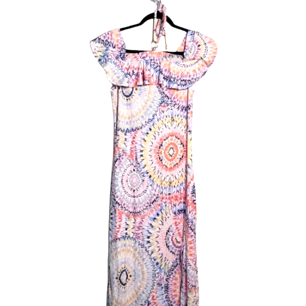 Neck strap and of the shoulder tie dye dress.